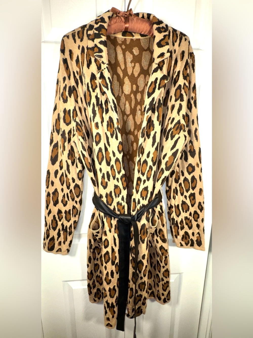 Chico’s Mabel Belted Leopard Jacquard Cardigan Size 2 Large